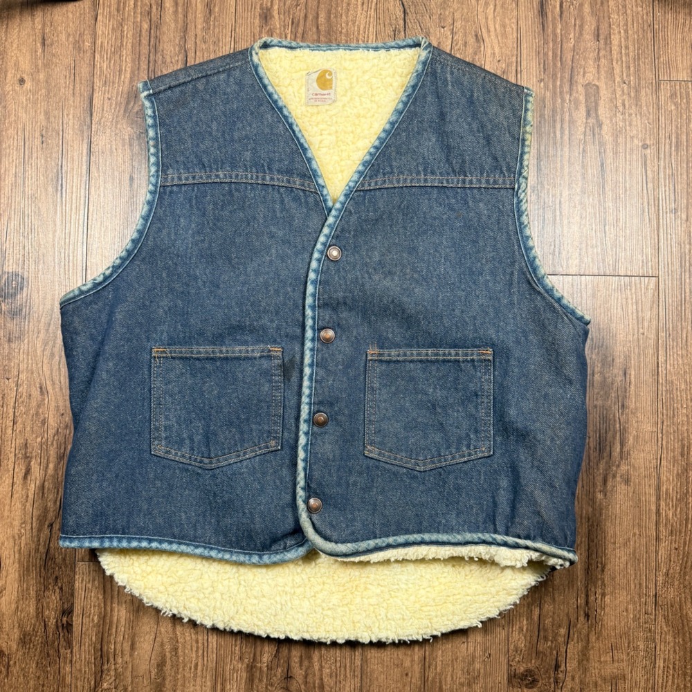 Vtg 70s 80s Carhartt Denim Sherpa Lined Vest Mens L Blue Workwear Snap Front